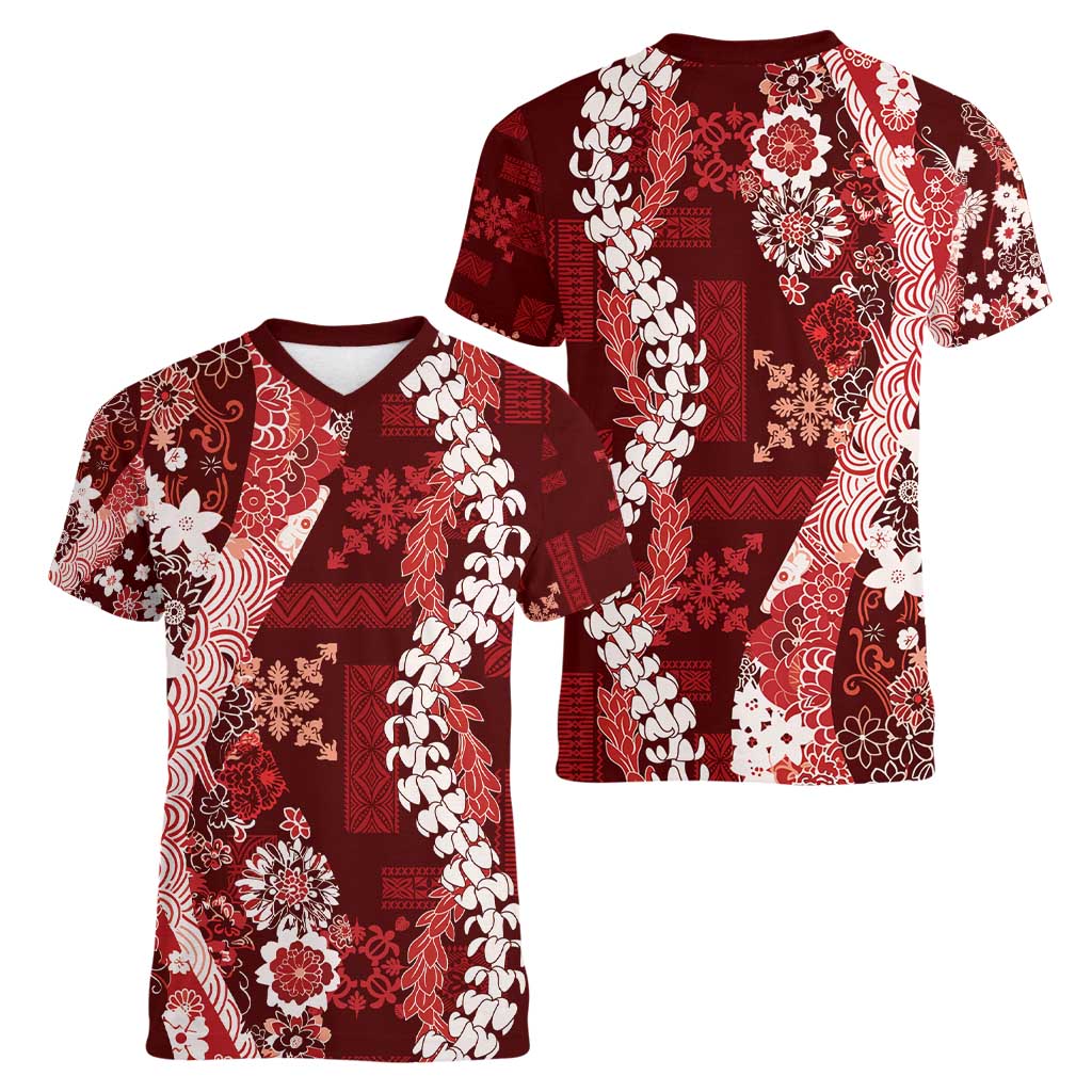 Hawaii Puakenikeni and Maile Lei Women V-Neck T-Shirt Red Japanese Wave Style - Polynesian Pride
