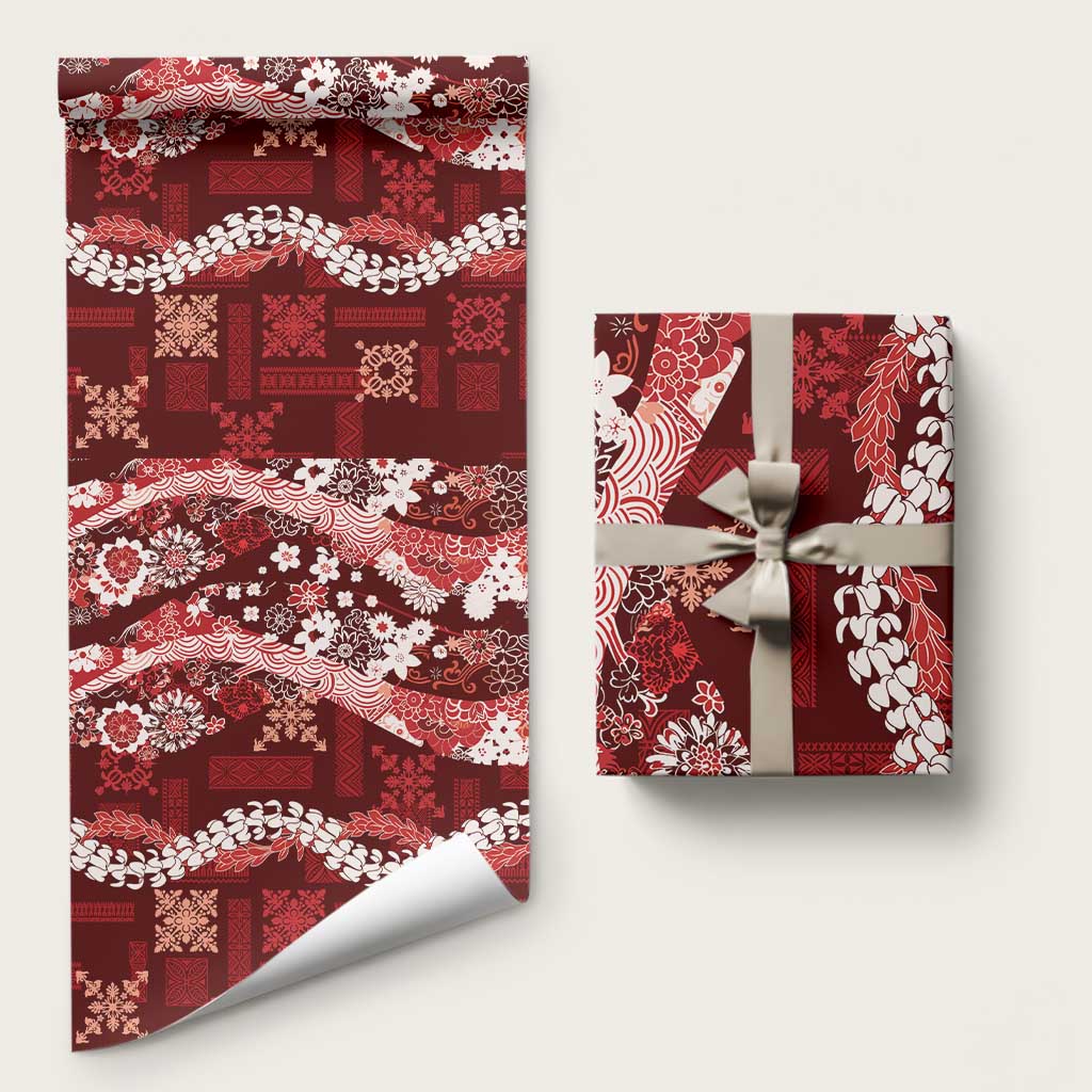 Hawaii Puakenikeni and Maile Lei Wrapping Paper Red Japanese Wave Style - Polynesian Pride
