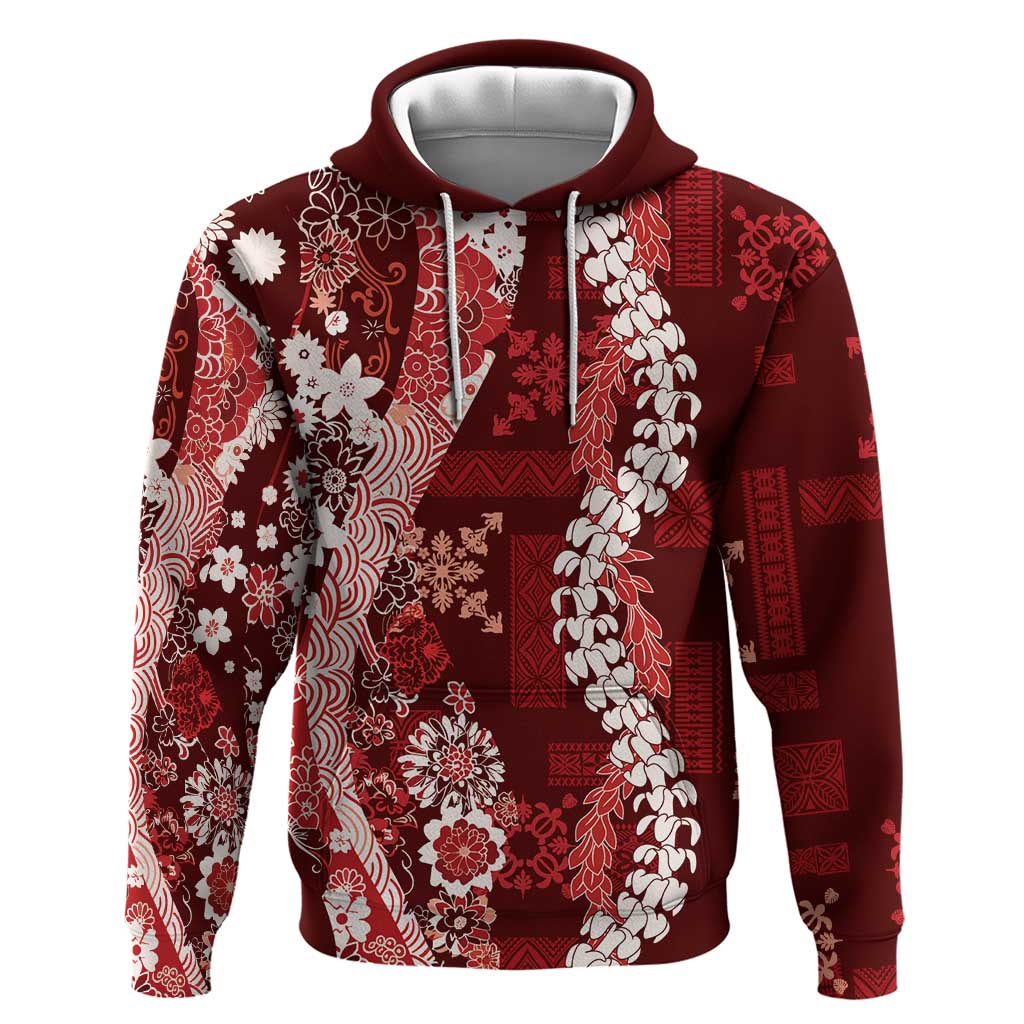 Hawaii Puakenikeni and Maile Lei Zip Hoodie Red Japanese Wave Style - Polynesian Pride