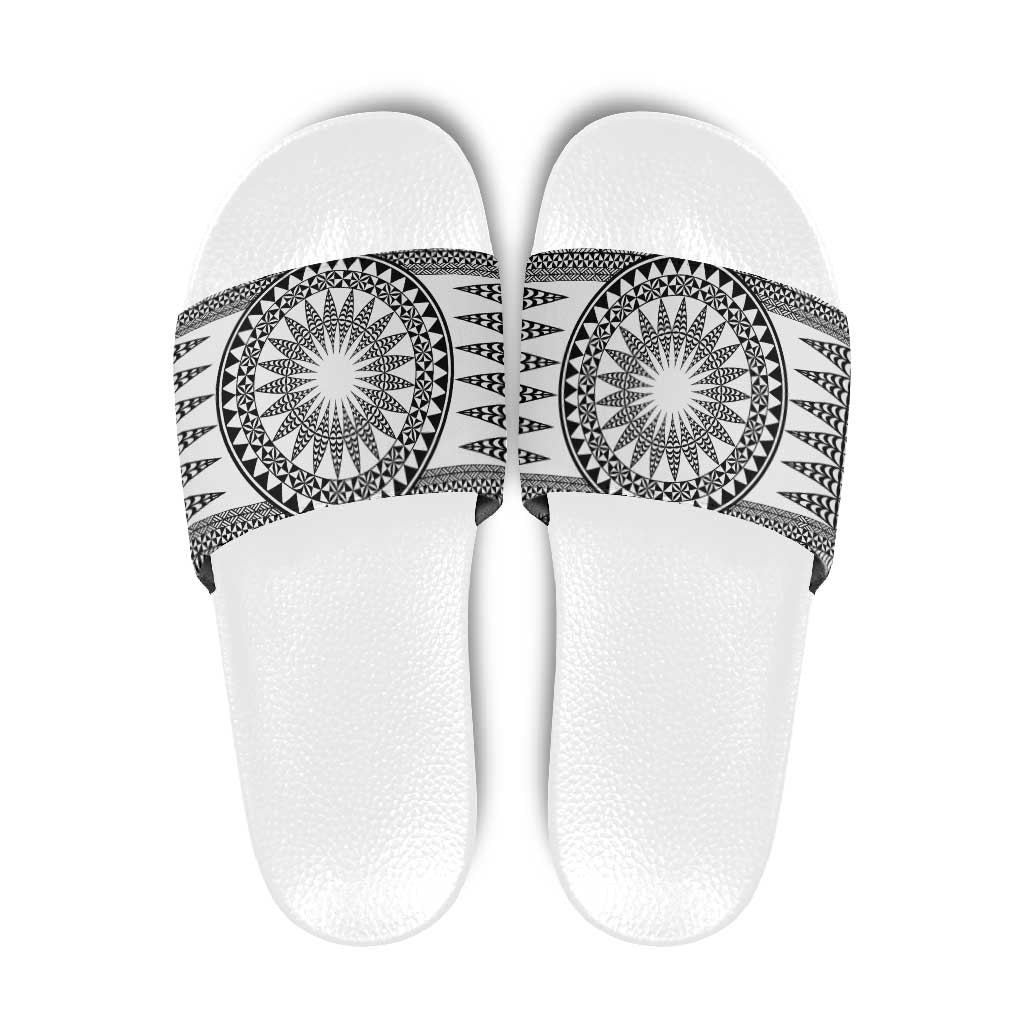 All White Tonga Malo e lelei Slide Sandals Vintage Ngatu Tribal Pattern - Polynesian Pride
