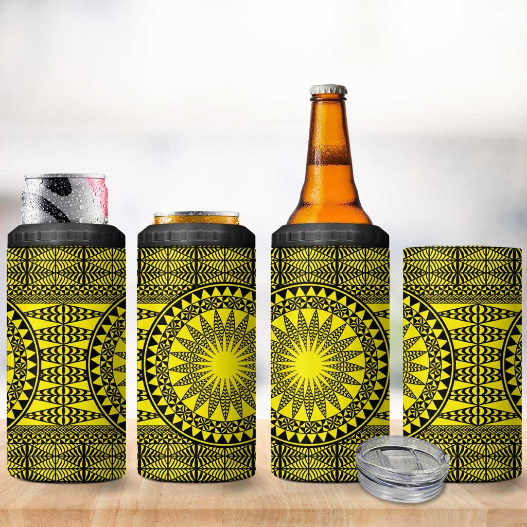 All Yellow Tonga Malo e lelei 4 in 1 Can Cooler Tumbler Vintage Ngatu Tribal Pattern - Polynesian Pride