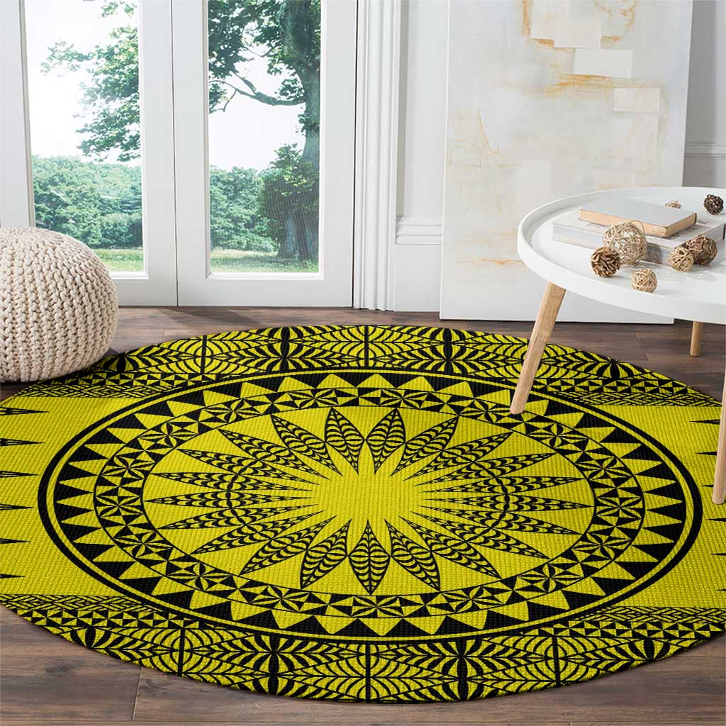 All Yellow Tonga Malo e lelei Round Carpet Vintage Ngatu Tribal Pattern - Polynesian Pride