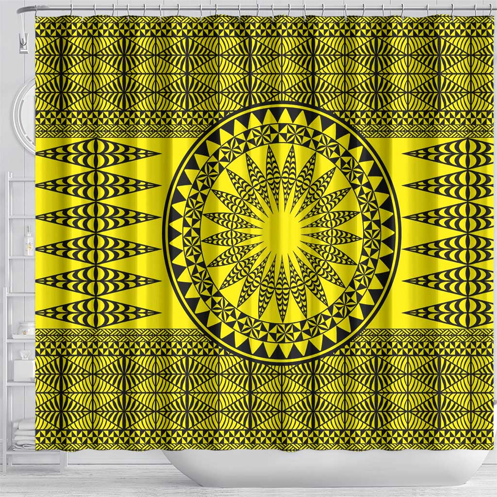 All Yellow Tonga Malo e lelei Shower Curtain Vintage Ngatu Tribal Pattern - Polynesian Pride