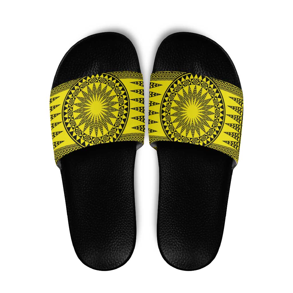 All Yellow Tonga Malo e lelei Slide Sandals Vintage Ngatu Tribal Pattern - Polynesian Pride
