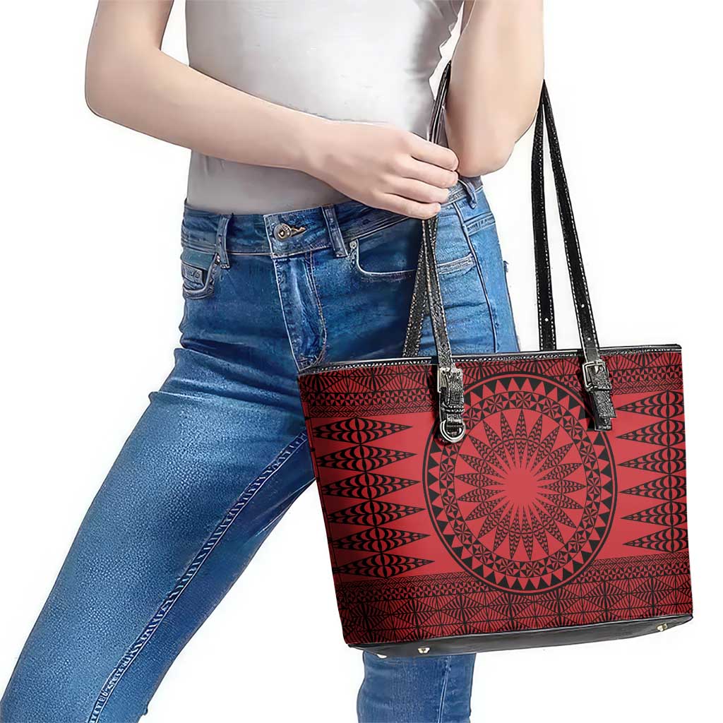 All Red Tonga Malo e lelei Leather Tote Bag Vintage Ngatu Tribal Pattern - Polynesian Pride