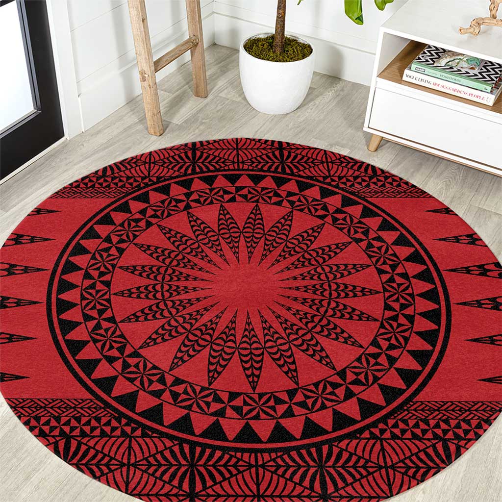 All Red Tonga Malo e lelei Round Carpet Vintage Ngatu Tribal Pattern - Polynesian Pride