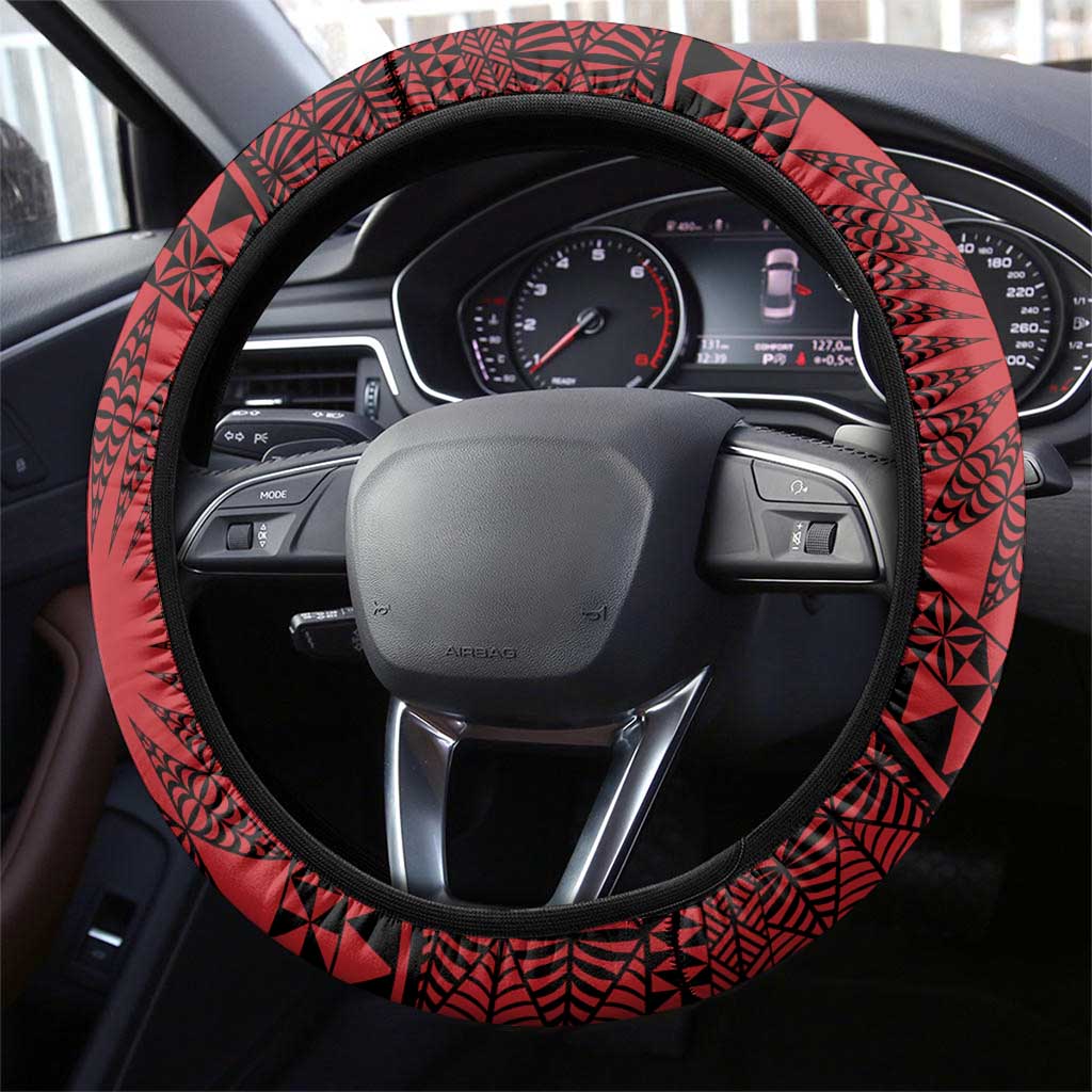 All Red Tonga Malo e lelei Steering Wheel Cover Vintage Ngatu Tribal Pattern - Polynesian Pride
