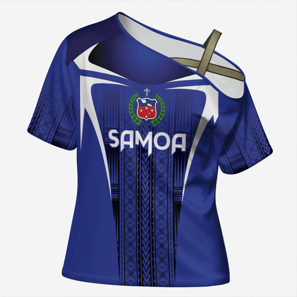 2026 Rugby Nations Series Custom Manu Samoa Cross Shoulder Shirt LT9 Female Blue - Polynesian Pride
