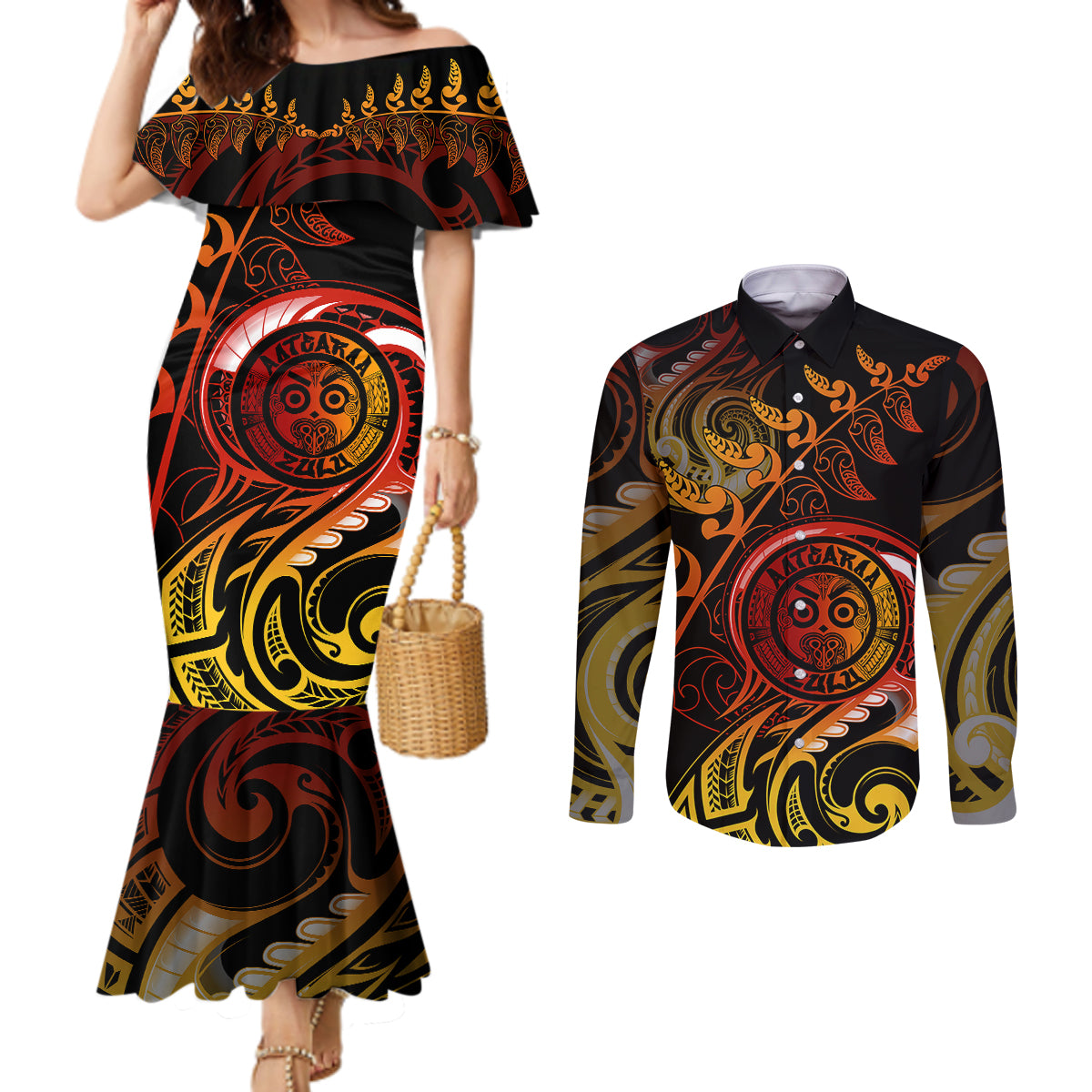 New Zealand Couples Matching Mermaid Dress and Long Sleeve Button Shirts Aotearoa Wisdom Face Maori Fern Tattoo Arty LT9 Reggae - Polynesian Pride