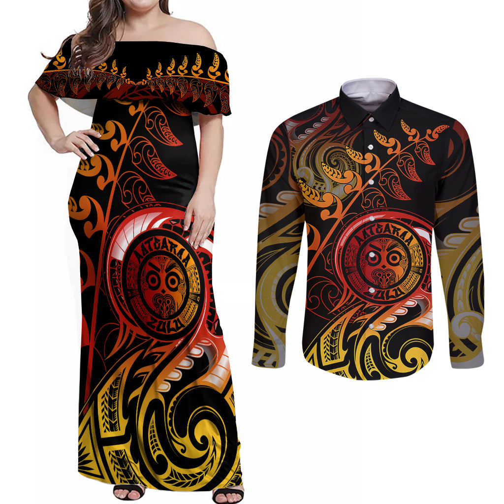 New Zealand Couples Matching Off Shoulder Maxi Dress and Long Sleeve Button Shirts Aotearoa Wisdom Face Maori Fern Tattoo Arty LT9 Reggae - Polynesian Pride
