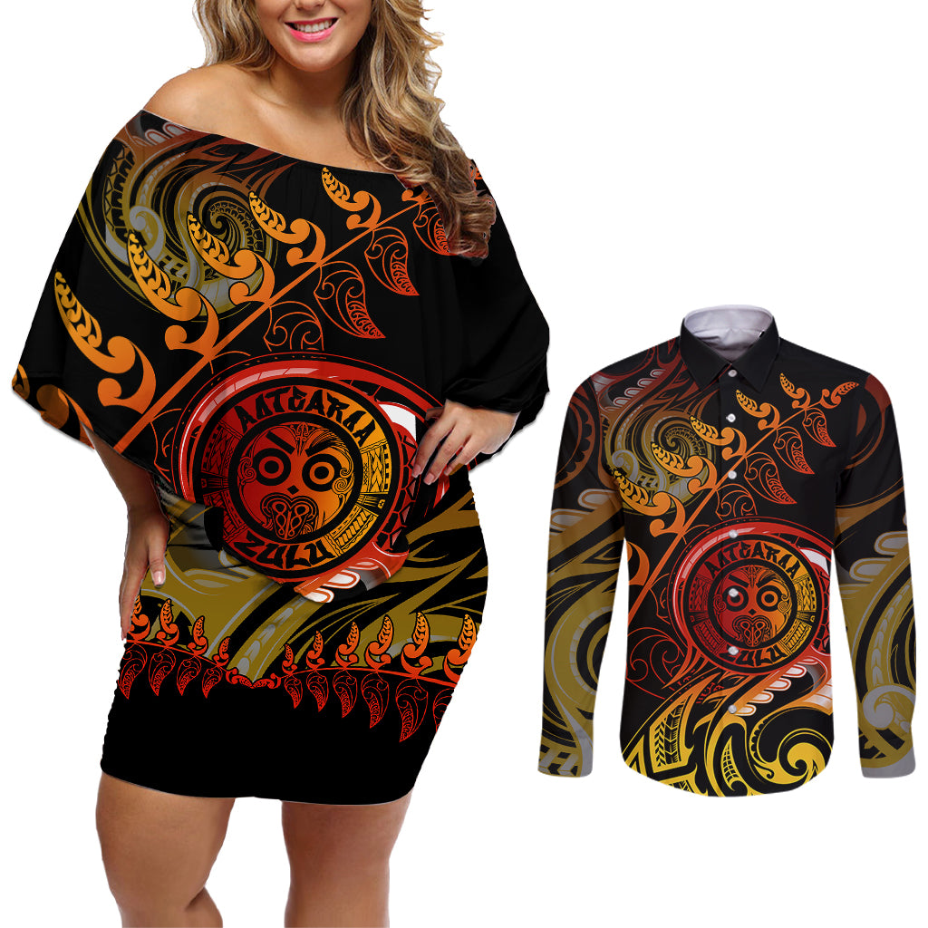 New Zealand Couples Matching Off Shoulder Short Dress and Long Sleeve Button Shirts Aotearoa Wisdom Face Maori Fern Tattoo Arty LT9 Reggae - Polynesian Pride