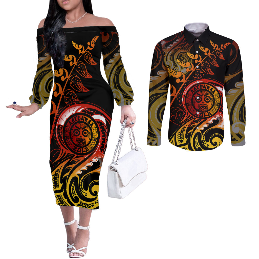 New Zealand Couples Matching Off The Shoulder Long Sleeve Dress and Long Sleeve Button Shirts Aotearoa Wisdom Face Maori Fern Tattoo Arty LT9 Reggae - Polynesian Pride