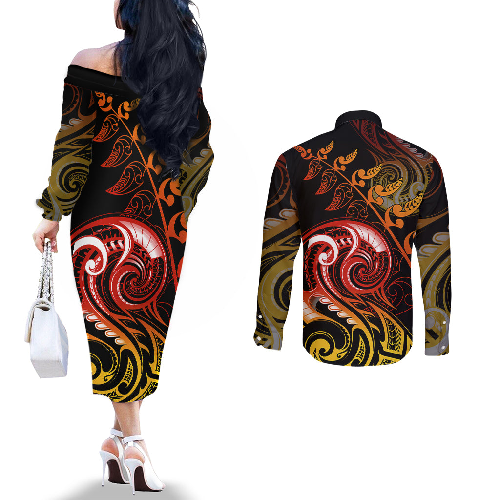New Zealand Couples Matching Off The Shoulder Long Sleeve Dress and Long Sleeve Button Shirts Aotearoa Wisdom Face Maori Fern Tattoo Arty LT9 - Polynesian Pride