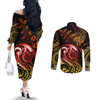 New Zealand Couples Matching Off The Shoulder Long Sleeve Dress and Long Sleeve Button Shirts Aotearoa Wisdom Face Maori Fern Tattoo Arty LT9 - Polynesian Pride