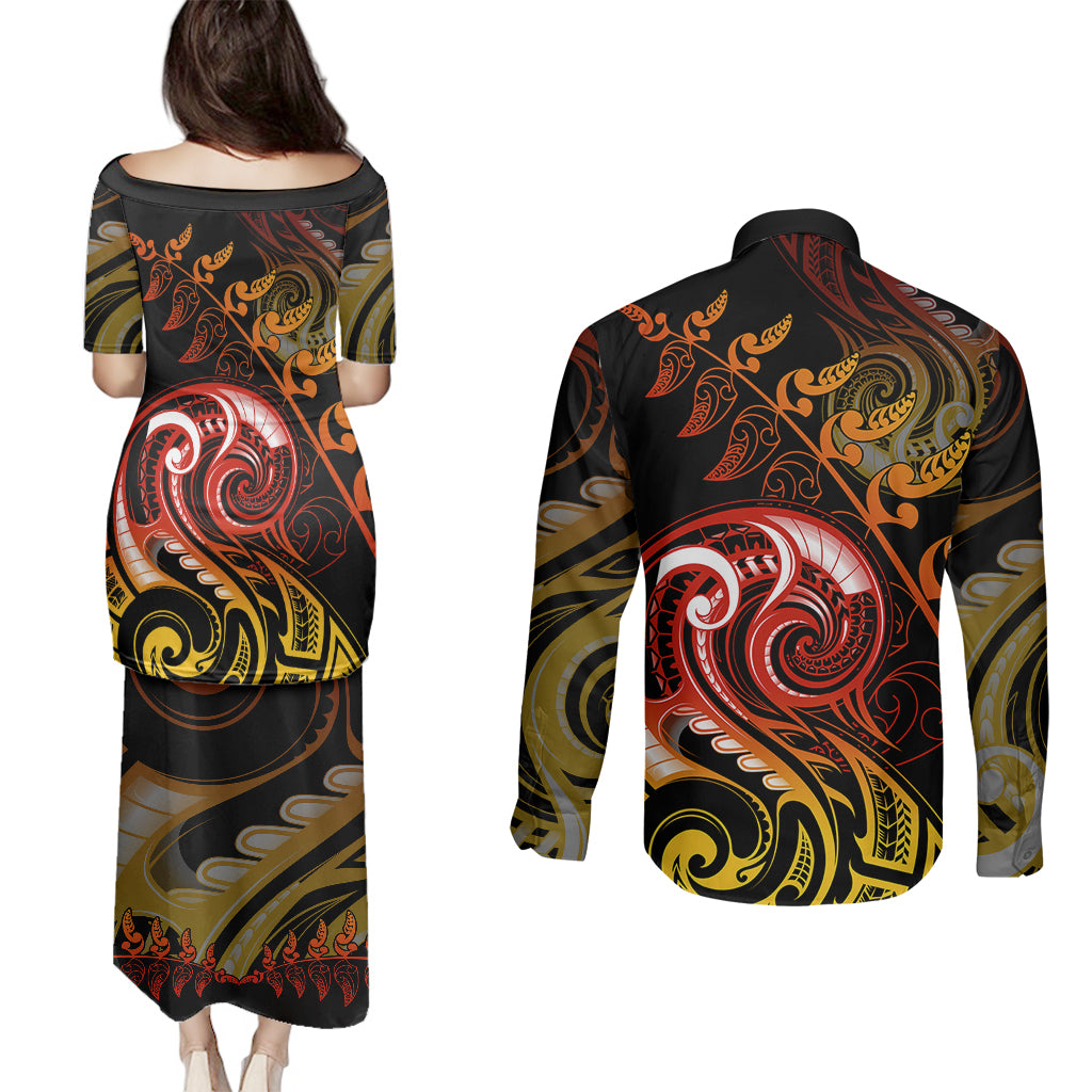 New Zealand Couples Matching Puletasi Dress and Long Sleeve Button Shirts Aotearoa Wisdom Face Maori Fern Tattoo Arty LT9 - Polynesian Pride
