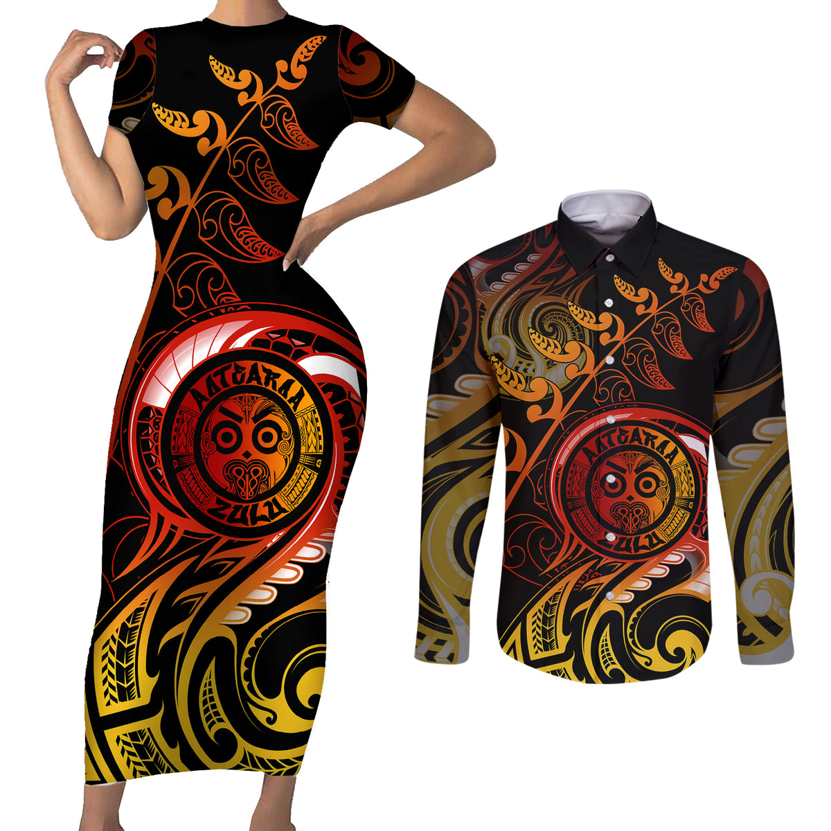 New Zealand Couples Matching Short Sleeve Bodycon Dress and Long Sleeve Button Shirts Aotearoa Wisdom Face Maori Fern Tattoo Arty LT9 Reggae - Polynesian Pride