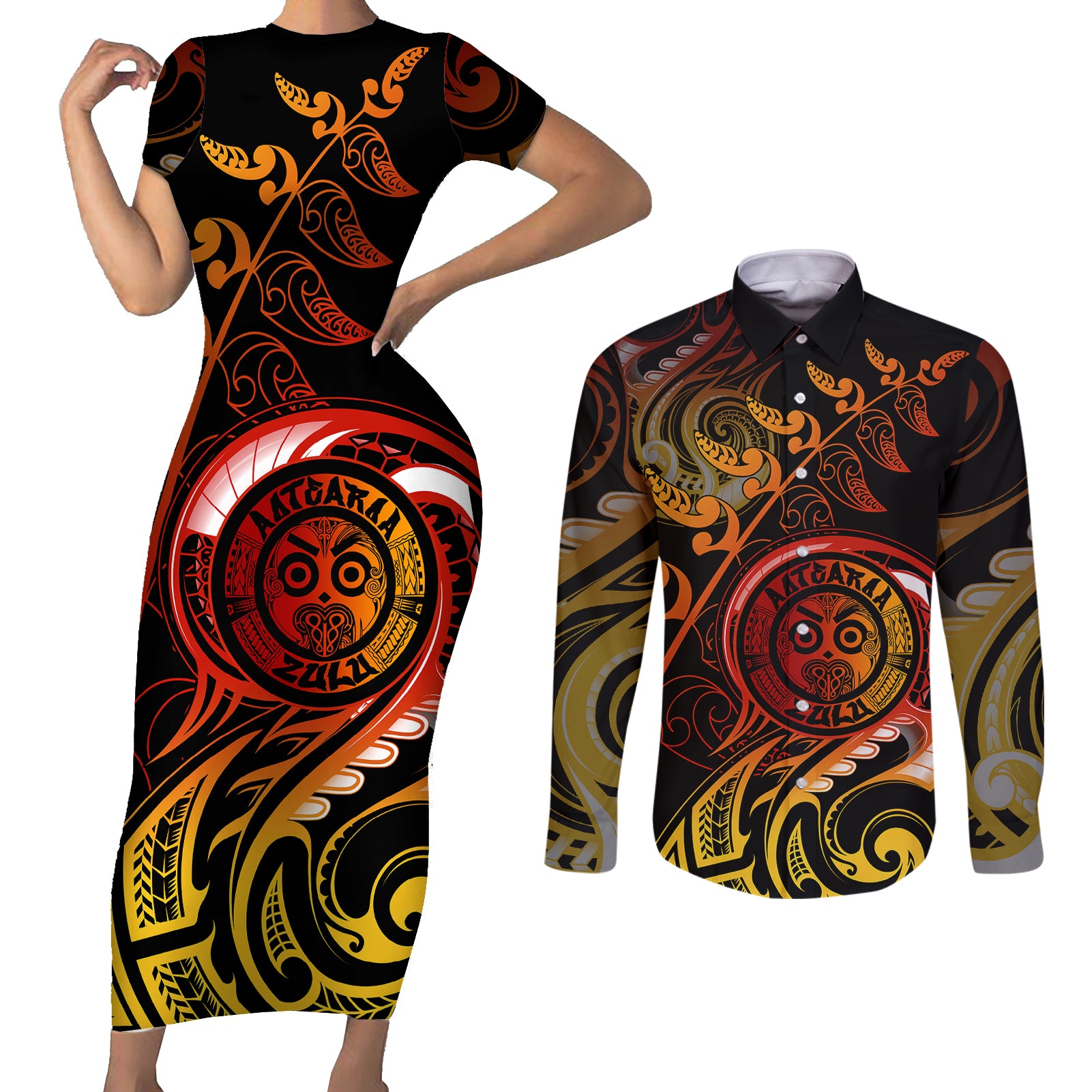 New Zealand Couples Matching Short Sleeve Bodycon Dress and Long Sleeve Button Shirts Aotearoa Wisdom Face Maori Fern Tattoo Arty LT9 Reggae - Polynesian Pride
