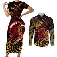 New Zealand Couples Matching Short Sleeve Bodycon Dress and Long Sleeve Button Shirts Aotearoa Wisdom Face Maori Fern Tattoo Arty LT9 Reggae - Polynesian Pride