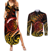 New Zealand Couples Matching Summer Maxi Dress and Long Sleeve Button Shirts Aotearoa Wisdom Face Maori Fern Tattoo Arty LT9 Reggae - Polynesian Pride