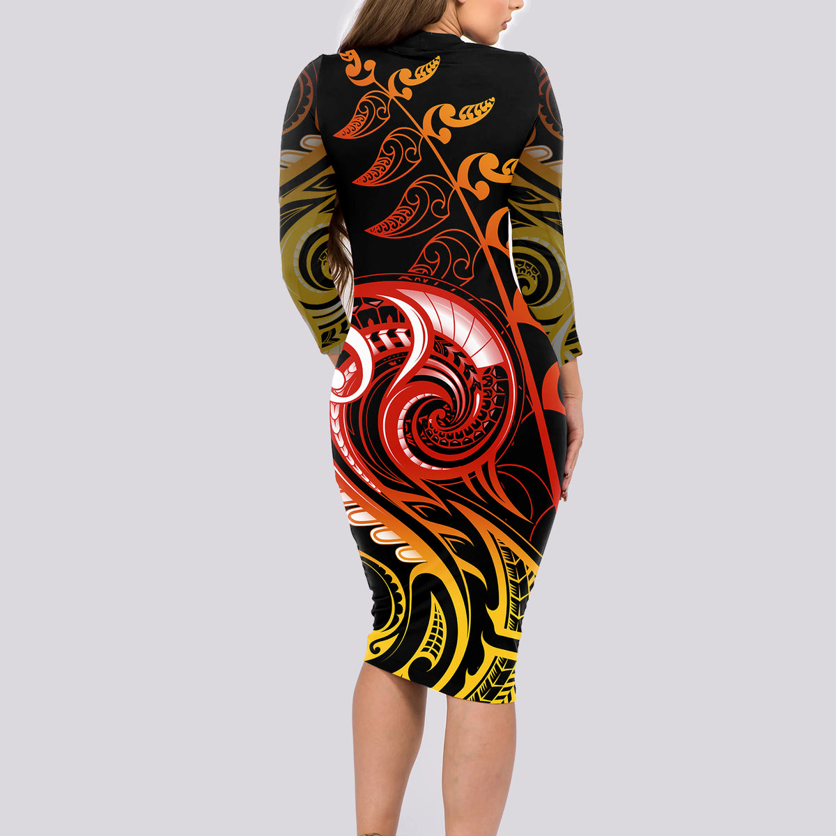New Zealand Long Sleeve Bodycon Dress Aotearoa Wisdom Face Maori Fern Tattoo Arty LT9 - Polynesian Pride