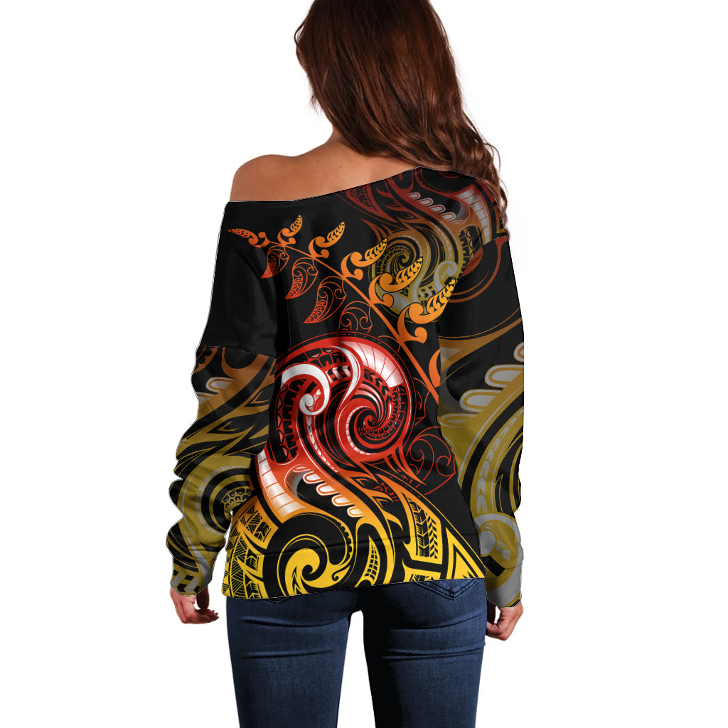 New Zealand Off Shoulder Sweater Aotearoa Wisdom Face Maori Fern Tattoo Arty LT9 - Polynesian Pride