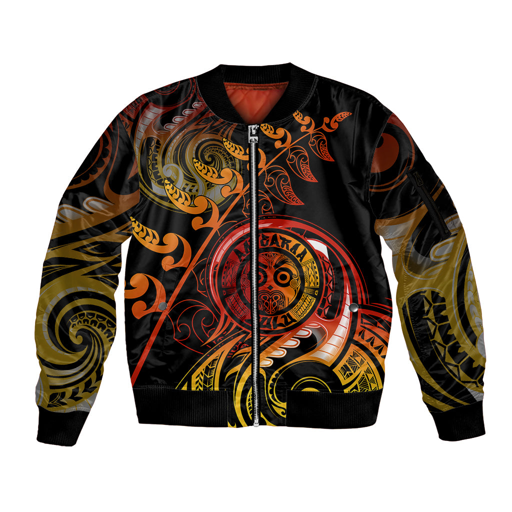 New Zealand Sleeve Zip Bomber Jacket Aotearoa Wisdom Face Maori Fern Tattoo Arty LT9 Unisex Reggae - Polynesian Pride