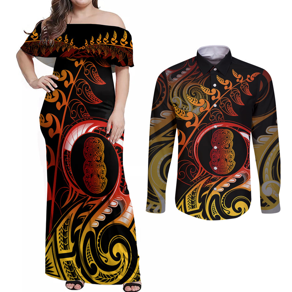New Zealand Couples Matching Off Shoulder Maxi Dress and Long Sleeve Button Shirts Aotearoa Hei-Tiki Maori Fern Tattoo Arty LT9 Reggae - Polynesian Pride