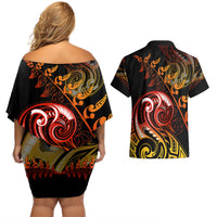 New Zealand Couples Matching Off Shoulder Short Dress and Hawaiian Shirt Aotearoa Hei-Tiki Maori Fern Tattoo Arty LT9 - Polynesian Pride