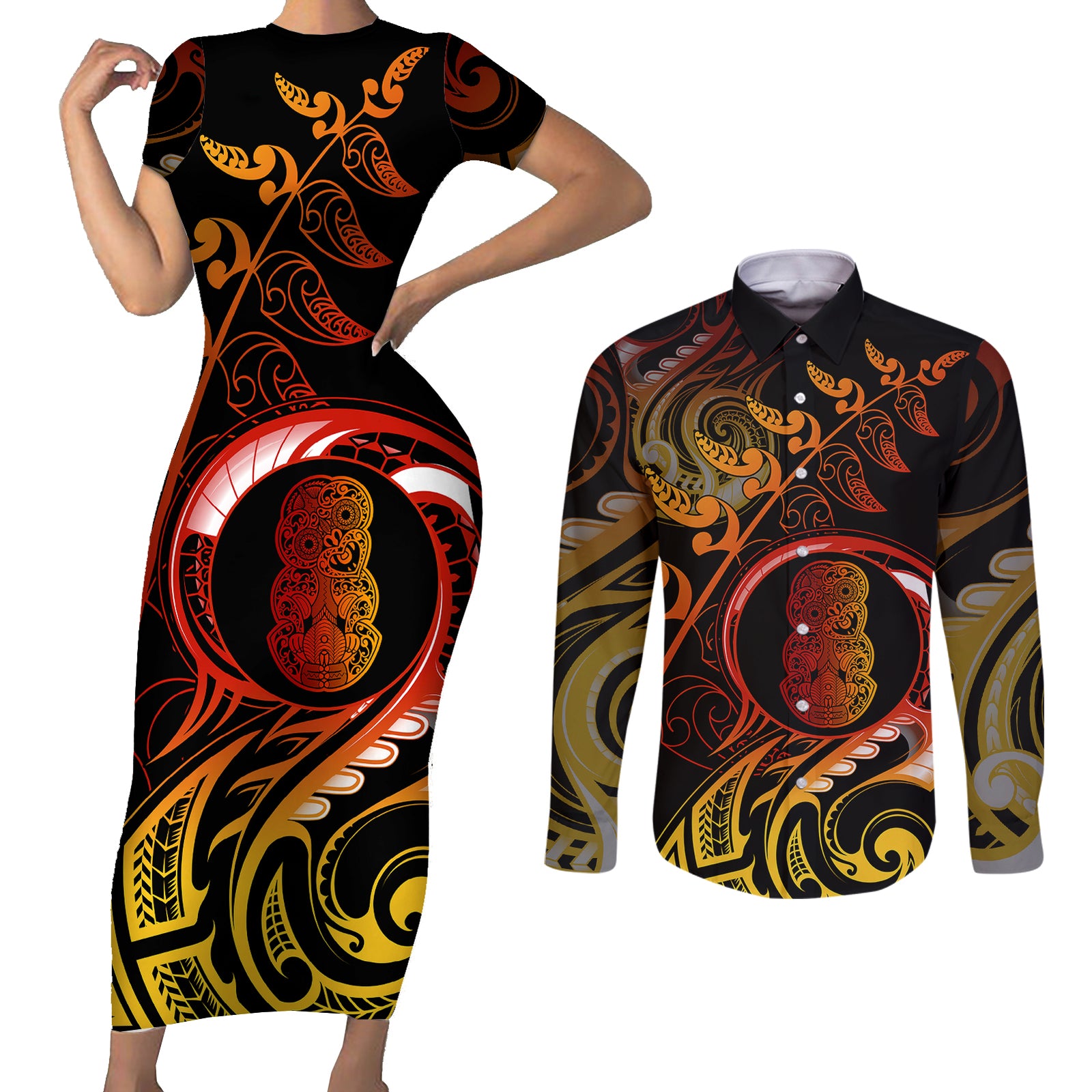 New Zealand Couples Matching Short Sleeve Bodycon Dress and Long Sleeve Button Shirts Aotearoa Hei-Tiki Maori Fern Tattoo Arty LT9 Reggae - Polynesian Pride