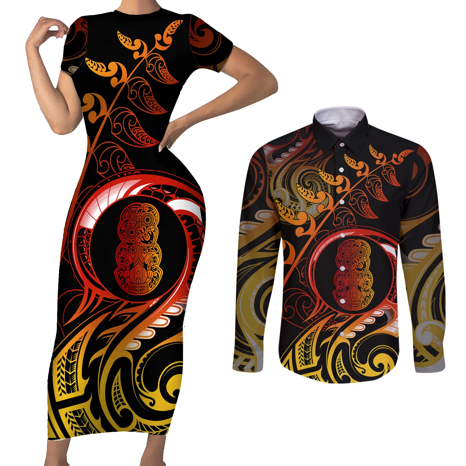 New Zealand Couples Matching Short Sleeve Bodycon Dress and Long Sleeve Button Shirts Aotearoa Hei-Tiki Maori Fern Tattoo Arty LT9 Reggae - Polynesian Pride