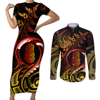 New Zealand Couples Matching Short Sleeve Bodycon Dress and Long Sleeve Button Shirts Aotearoa Hei-Tiki Maori Fern Tattoo Arty LT9 Reggae - Polynesian Pride