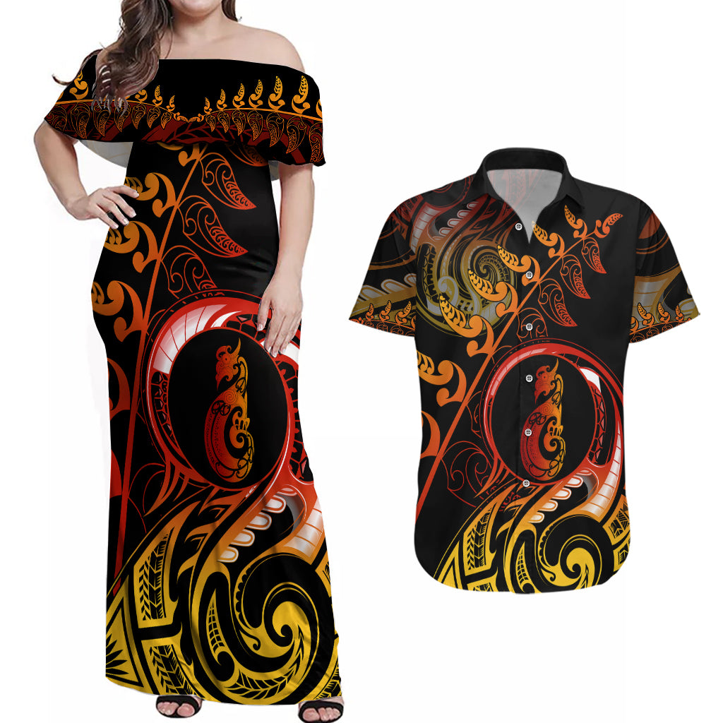 New Zealand Couples Matching Off Shoulder Maxi Dress and Hawaiian Shirt Aotearoa Manaia Maori Fern Tattoo Arty LT9 Reggae - Polynesian Pride