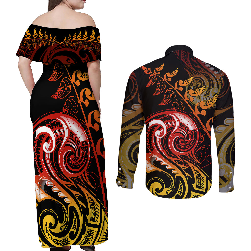 New Zealand Couples Matching Off Shoulder Maxi Dress and Long Sleeve Button Shirts Aotearoa Manaia Maori Fern Tattoo Arty LT9 - Polynesian Pride