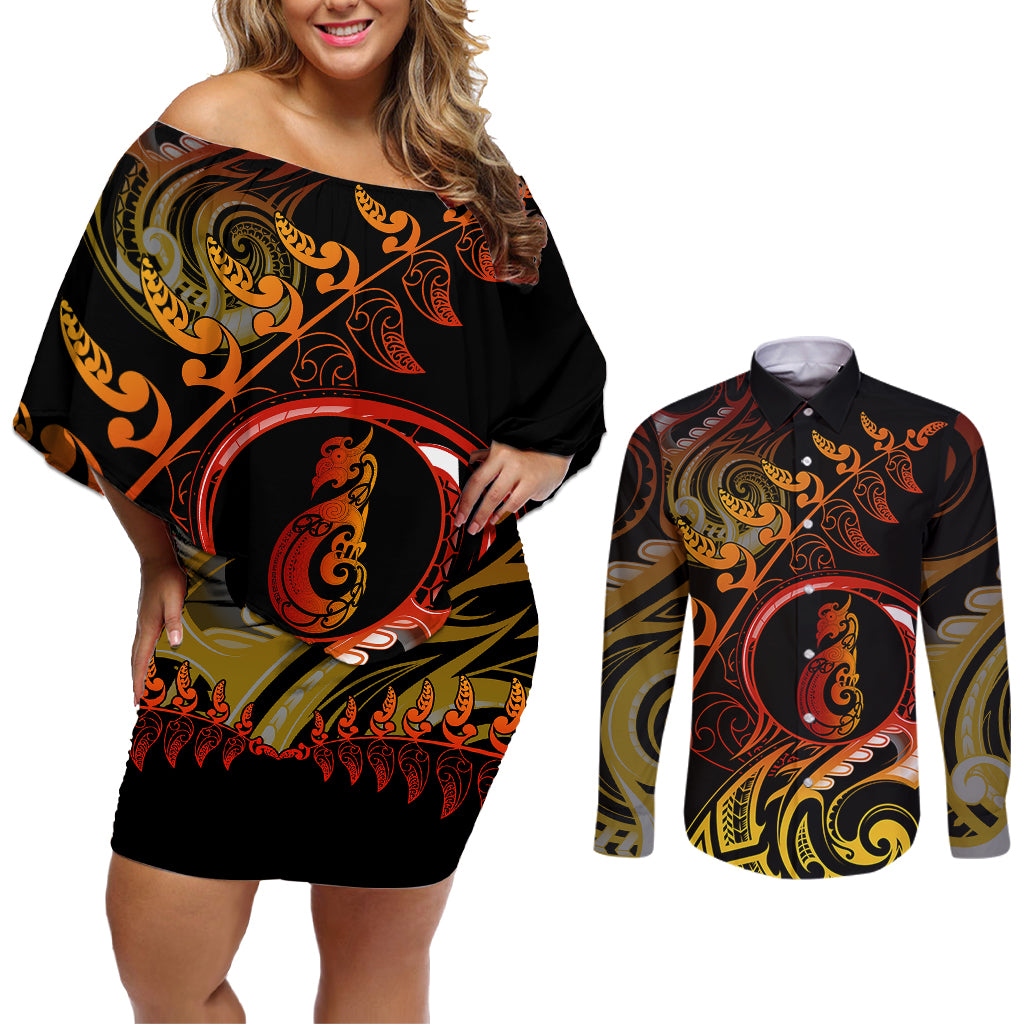 New Zealand Couples Matching Off Shoulder Short Dress and Long Sleeve Button Shirts Aotearoa Manaia Maori Fern Tattoo Arty LT9 Reggae - Polynesian Pride