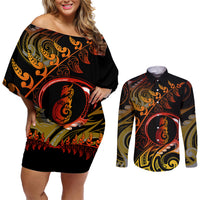 New Zealand Couples Matching Off Shoulder Short Dress and Long Sleeve Button Shirts Aotearoa Manaia Maori Fern Tattoo Arty LT9 Reggae - Polynesian Pride