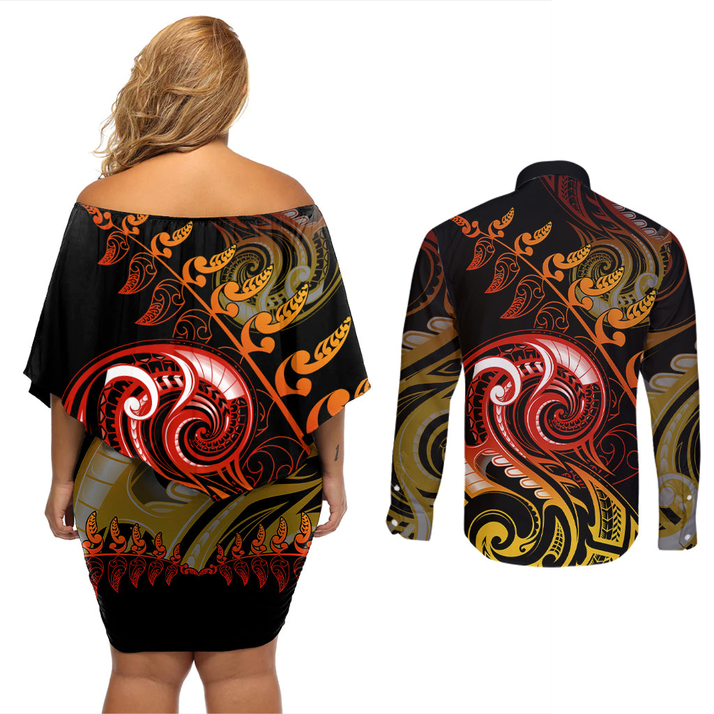 New Zealand Couples Matching Off Shoulder Short Dress and Long Sleeve Button Shirts Aotearoa Manaia Maori Fern Tattoo Arty LT9 - Polynesian Pride
