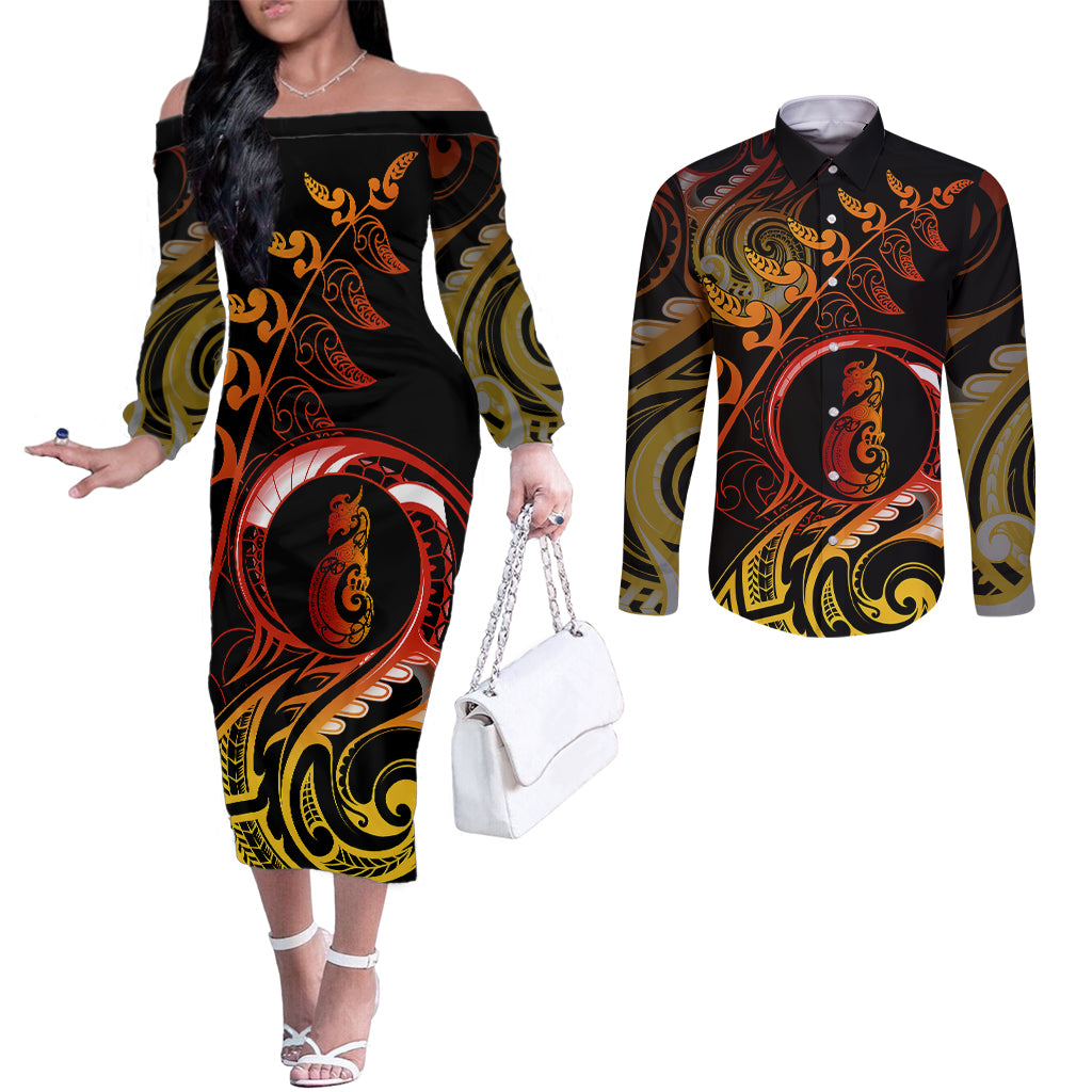 New Zealand Couples Matching Off The Shoulder Long Sleeve Dress and Long Sleeve Button Shirts Aotearoa Manaia Maori Fern Tattoo Arty LT9 Reggae - Polynesian Pride
