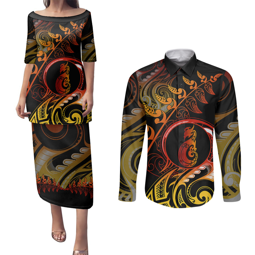 New Zealand Couples Matching Puletasi Dress and Long Sleeve Button Shirts Aotearoa Manaia Maori Fern Tattoo Arty LT9 Reggae - Polynesian Pride