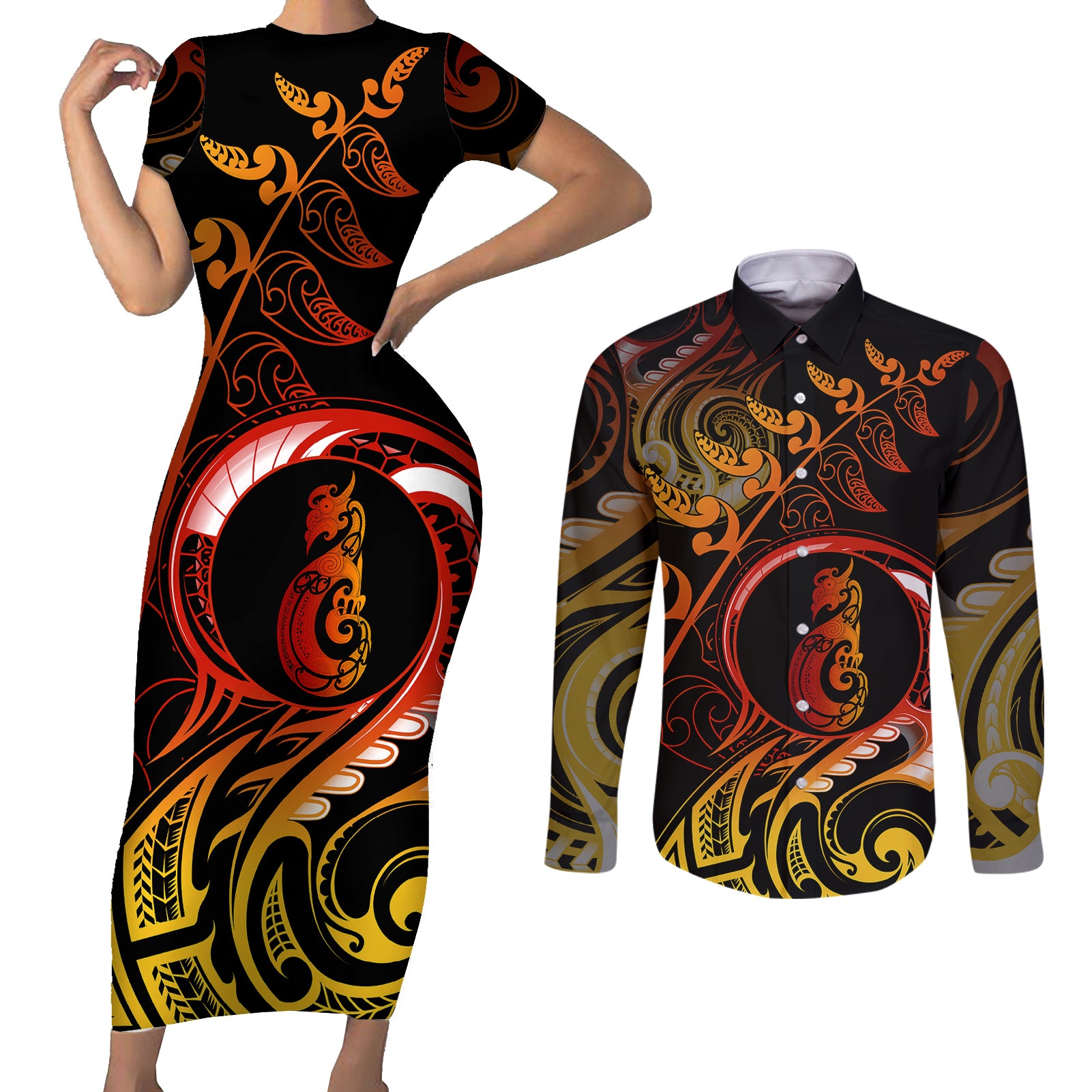 New Zealand Couples Matching Short Sleeve Bodycon Dress and Long Sleeve Button Shirts Aotearoa Manaia Maori Fern Tattoo Arty LT9 Reggae - Polynesian Pride