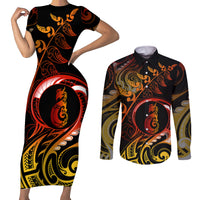 New Zealand Couples Matching Short Sleeve Bodycon Dress and Long Sleeve Button Shirts Aotearoa Manaia Maori Fern Tattoo Arty LT9 Reggae - Polynesian Pride