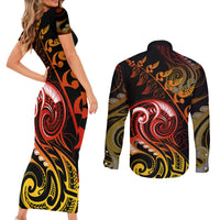New Zealand Couples Matching Short Sleeve Bodycon Dress and Long Sleeve Button Shirts Aotearoa Manaia Maori Fern Tattoo Arty LT9 - Polynesian Pride