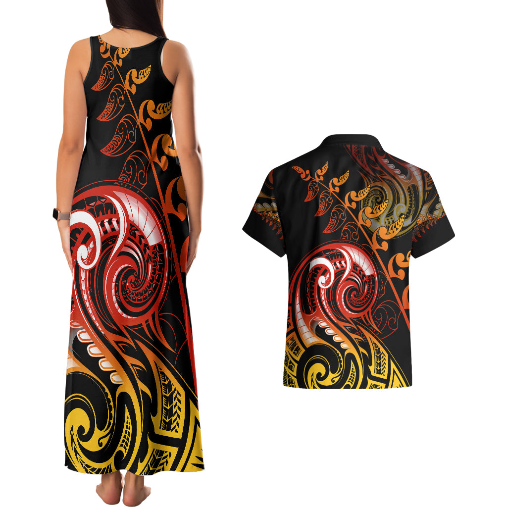 New Zealand Couples Matching Tank Maxi Dress and Hawaiian Shirt Aotearoa Manaia Maori Fern Tattoo Arty LT9 - Polynesian Pride