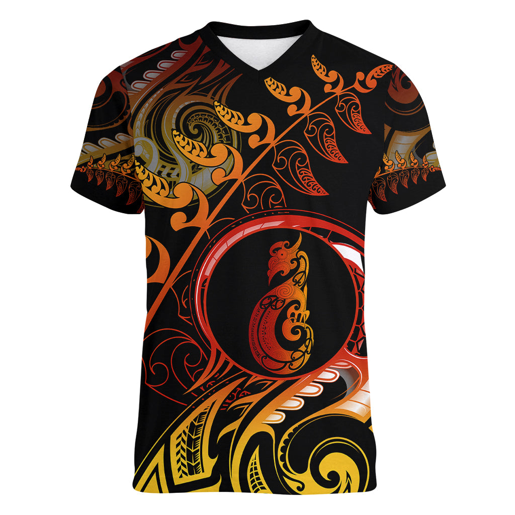 New Zealand Women V Neck T Shirt Aotearoa Manaia Maori Fern Tattoo Arty LT9 Female Reggae - Polynesian Pride