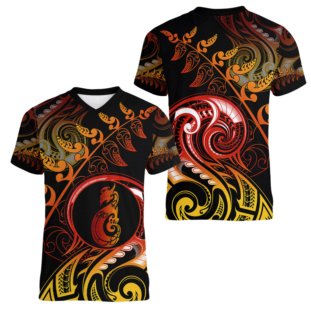 New Zealand Women V Neck T Shirt Aotearoa Manaia Maori Fern Tattoo Arty LT9 - Polynesian Pride