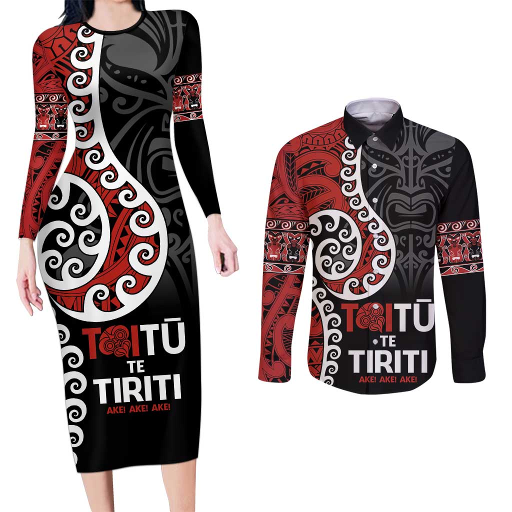 Honour The Treaty New Zealand Couples Matching Long Sleeve Bodycon Dress and Long Sleeve Button Shirt Toitu Te Tiriti Ake!Ake!Ake! LT9 Black - Polynesian Pride