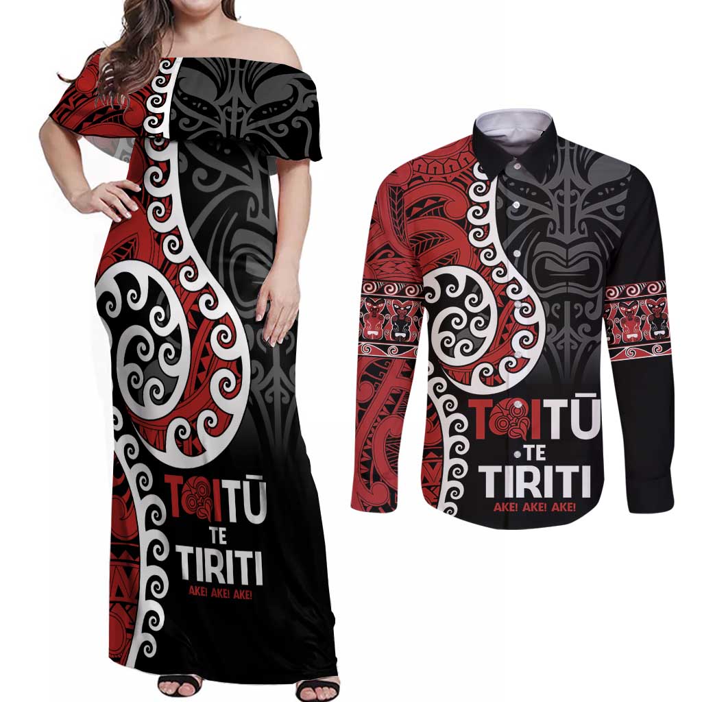 Honour The Treaty New Zealand Couples Matching Off Shoulder Maxi Dress and Long Sleeve Button Shirt Toitu Te Tiriti Ake!Ake!Ake! LT9 Black - Polynesian Pride