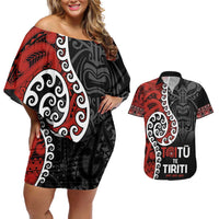 Honour The Treaty New Zealand Couples Matching Off Shoulder Short Dress and Hawaiian Shirt Toitu Te Tiriti Ake!Ake!Ake!