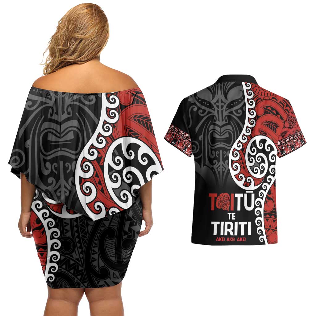 Honour The Treaty New Zealand Couples Matching Off Shoulder Short Dress and Hawaiian Shirt Toitu Te Tiriti Ake!Ake!Ake!
