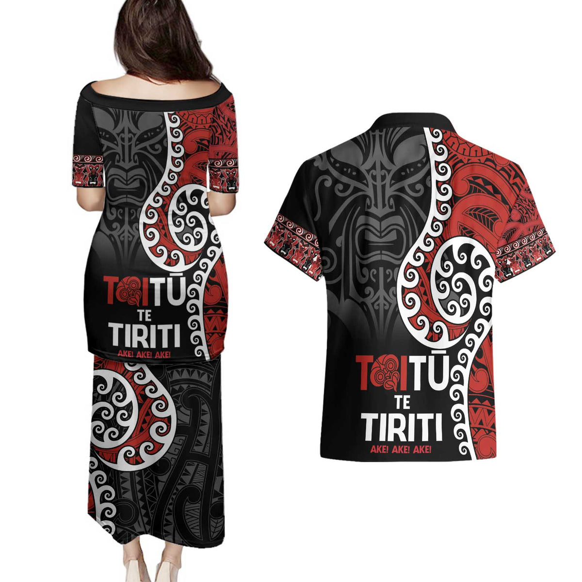 Honour The Treaty New Zealand Couples Matching Puletasi and Hawaiian Shirt Toitu Te Tiriti Ake!Ake!Ake!