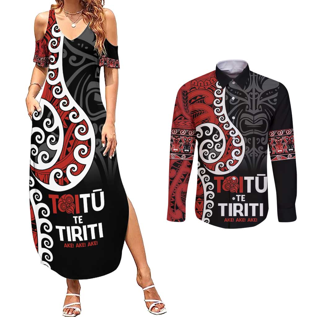 Honour The Treaty New Zealand Couples Matching Summer Maxi Dress and Long Sleeve Button Shirt Toitu Te Tiriti Ake!Ake!Ake! LT9 Black - Polynesian Pride